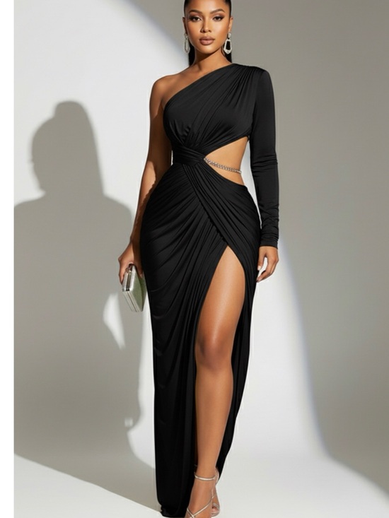 Loragal Dresses & Skirts - Elegant One-Shoulder Black Cutout Evening Dress with High Slit